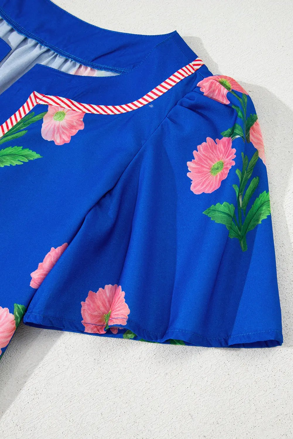 Blue Floral Short Sleeve Split Neck Loose Mini Dress - Love Salve